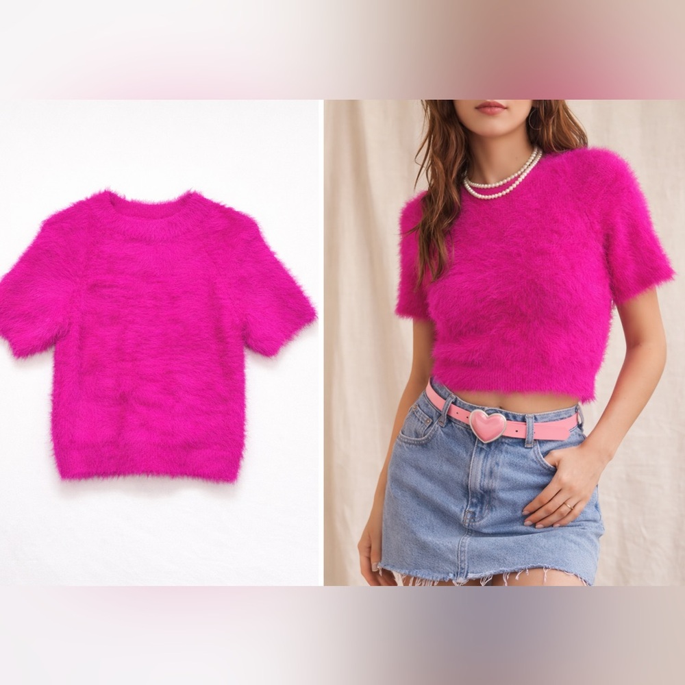 Pilcro‎ Fuzzy Knit Top Hot Pink Cropped Short Sleeve M Indie Sleaze Artsy Retro